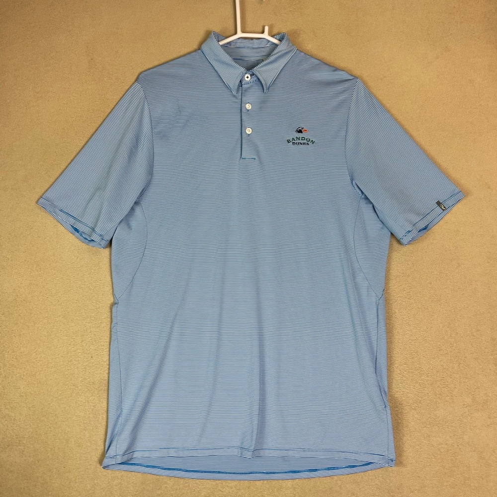 Kjus Men Soren Stripe Polo Shirt Blue White Golf Athletic UPF 50+ Comfort Size M